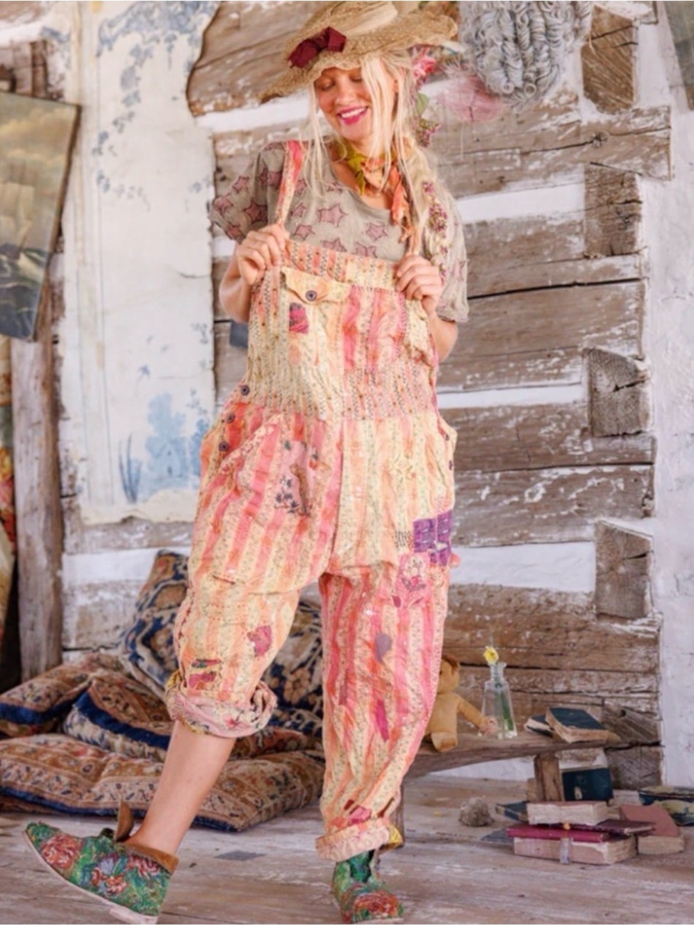 Printed Striped Peach Patchwork MAGNOLIA PEARL overalls - Women's overalls